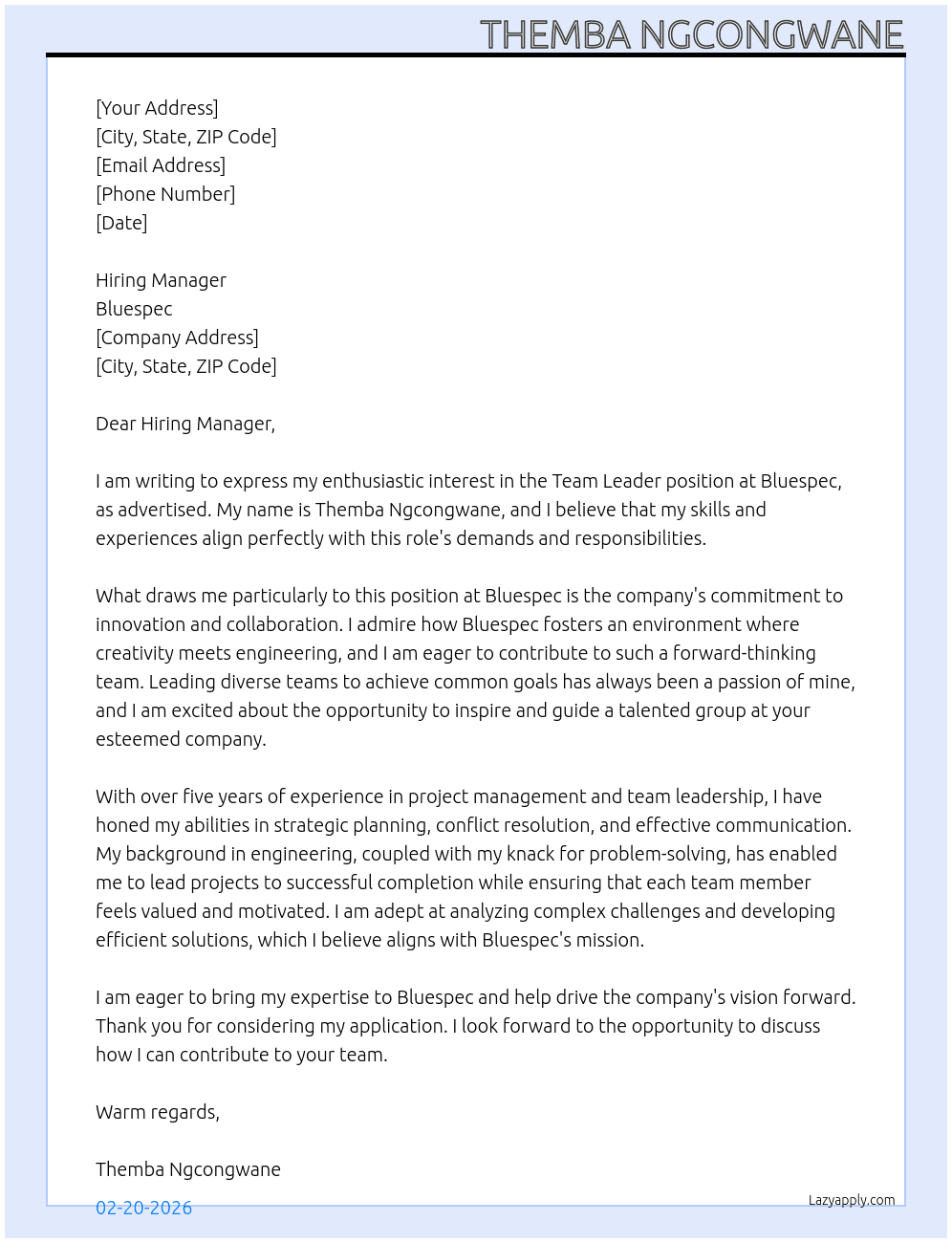 Team Leader At Bluespec Cover Letter