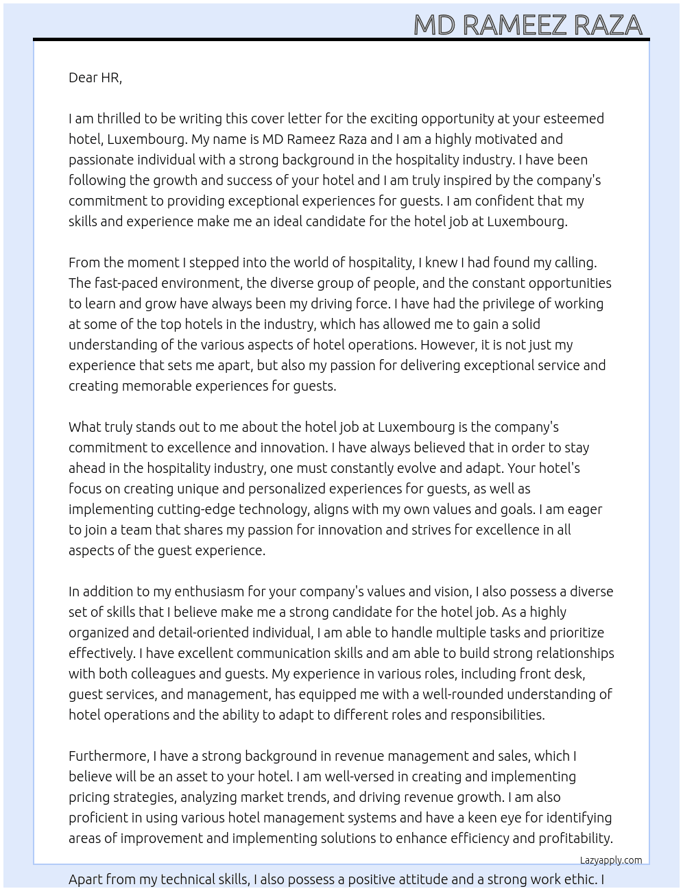 Cover letter for hotel job - LazyApply