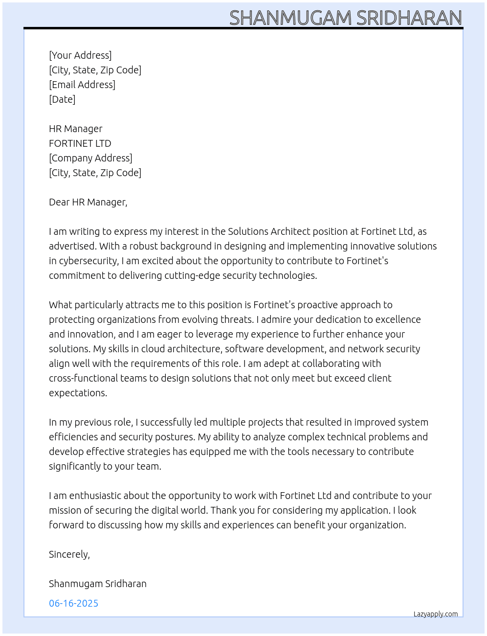 Solutions Architect At FORTINET LTD Cover Letter