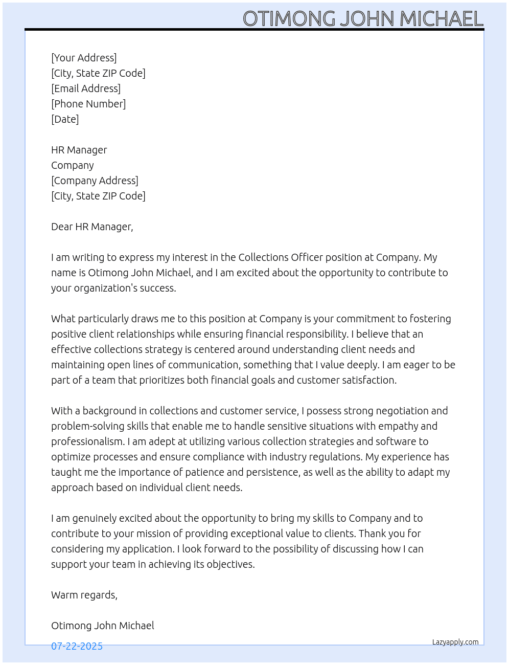 Cover letter for collections officers - LazyApply