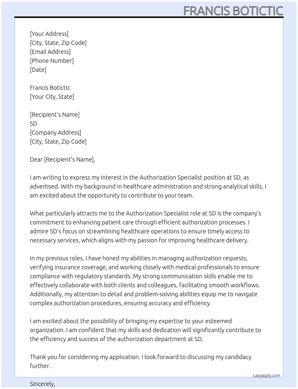 Authorization specialist At sd Cover Letter
