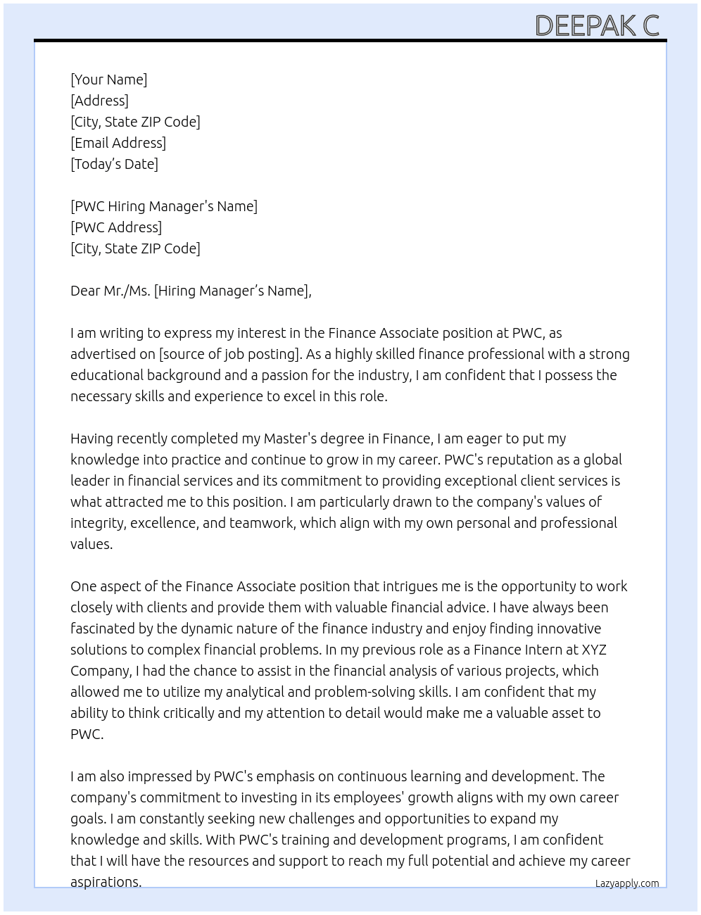 Finance associate At PWC Cover Letter