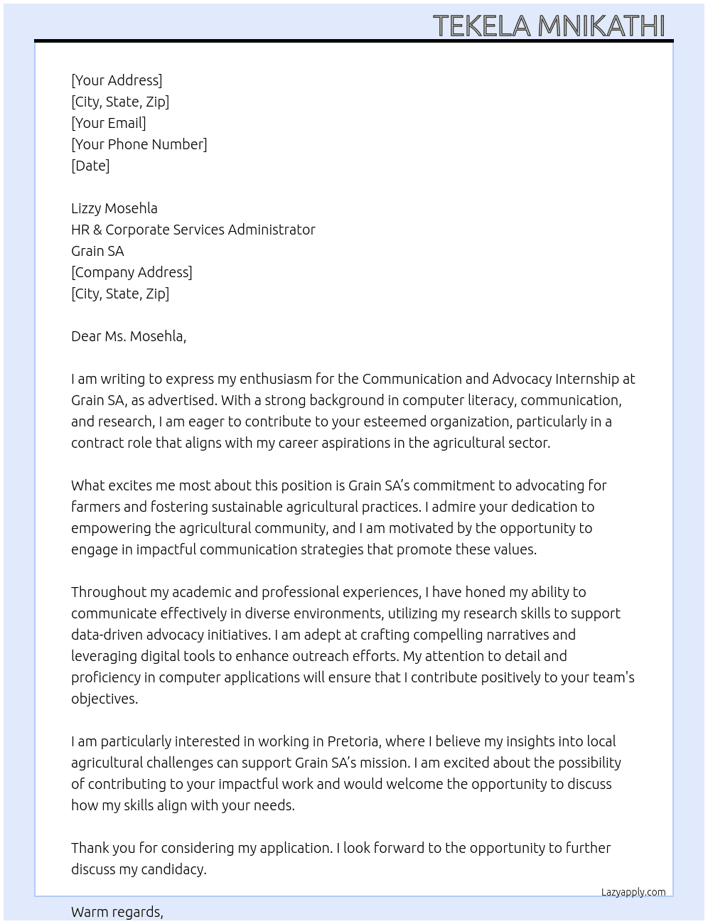 Communication and Advocacy Internship  At Grain SA Cover Letter