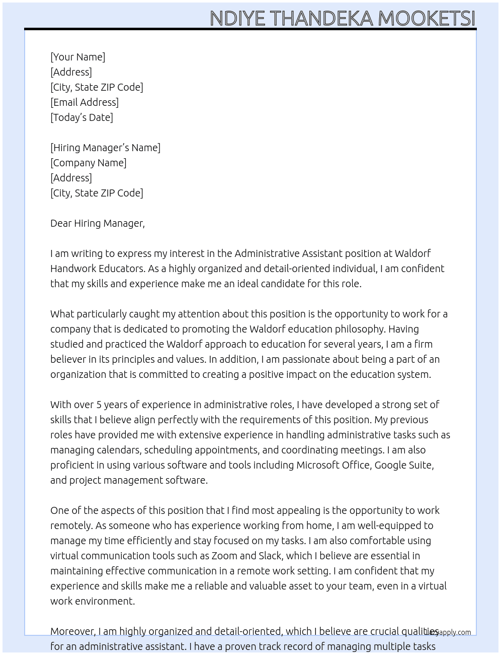 Administrative Assistant - Waldorf Handwork Educators (Online / remote) At Waldorf Handwork Educators Cover Letter