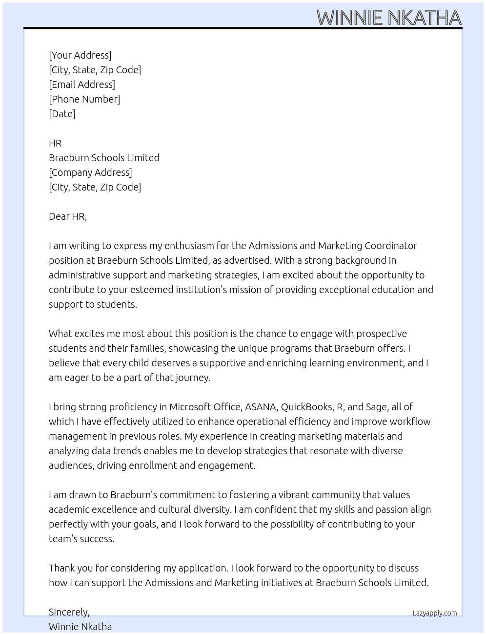 Cover letter for admissions and marketing coordinator - LazyApply