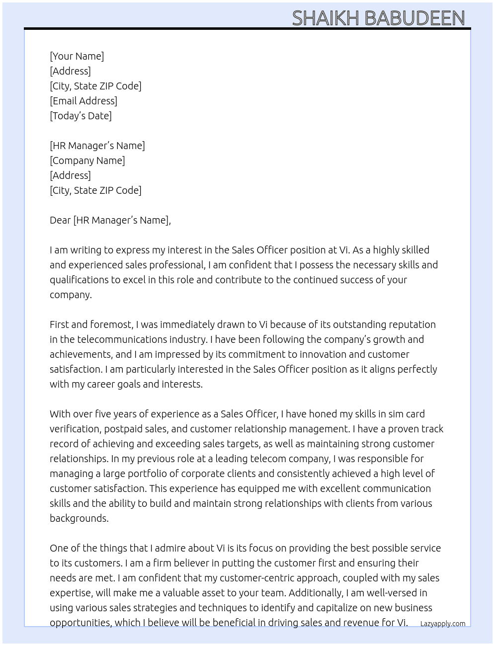 Sales officer  At Vi Cover Letter