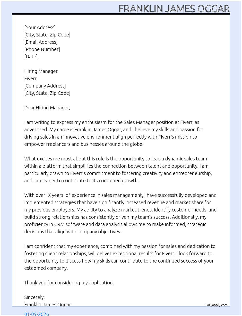 sales manager At fivrr Cover Letter