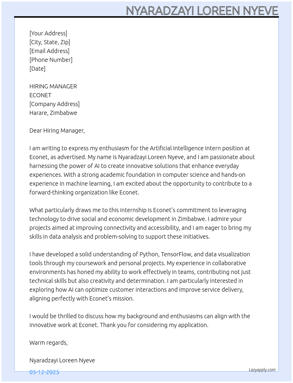 ARTIFICIAL INTELLIGENCE INTERN At ECONET Cover Letter