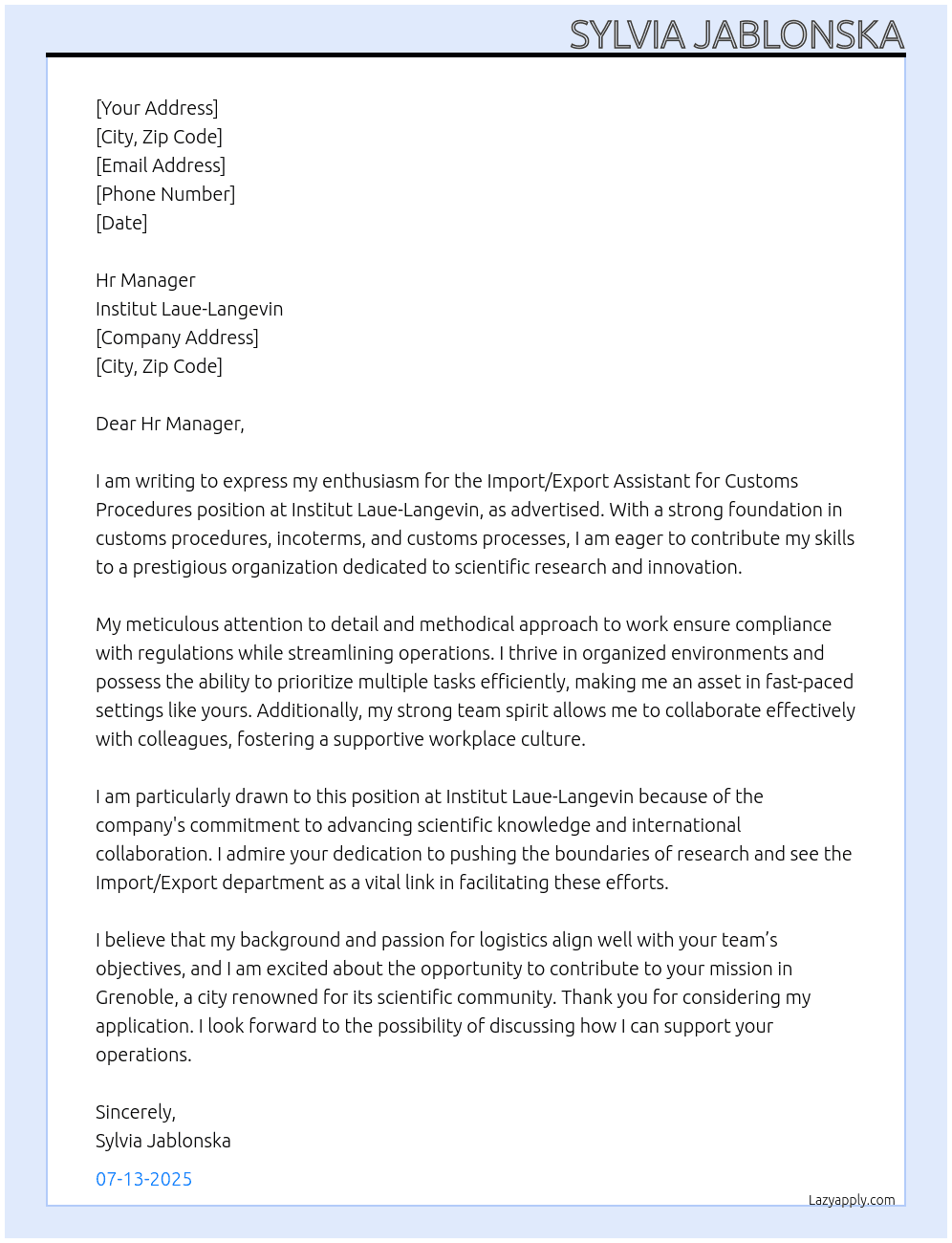 Import/Export Assistant for Customs Procedures At Institut Laue-Langevin  Cover Letter