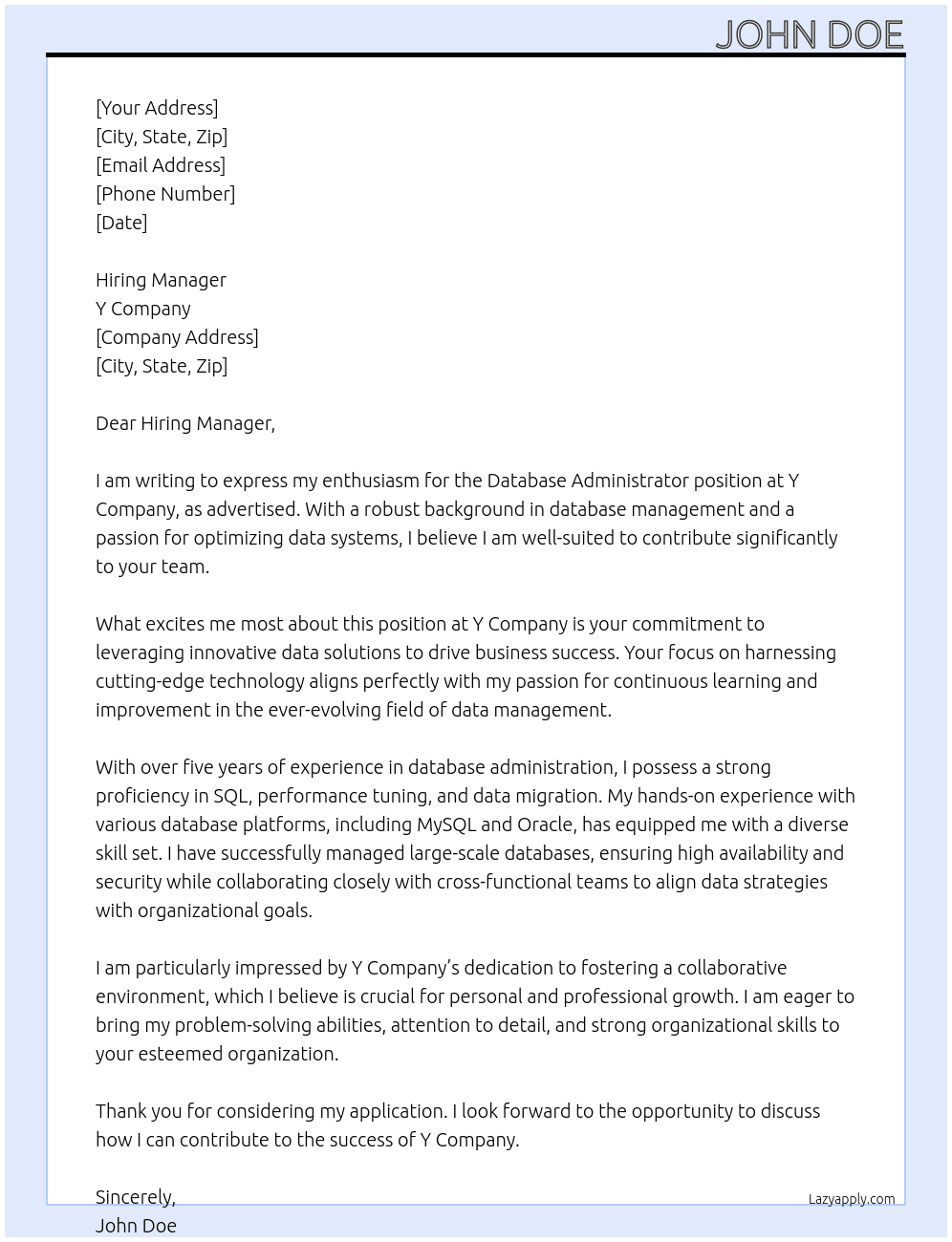 Database Administrator At X Company Cover Letter