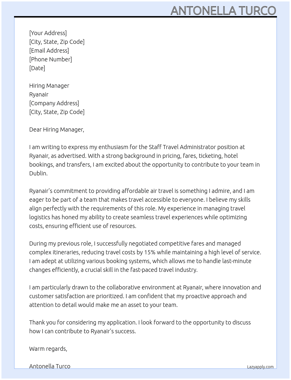 Staff Travel Administrator At Ryanair Cover Letter