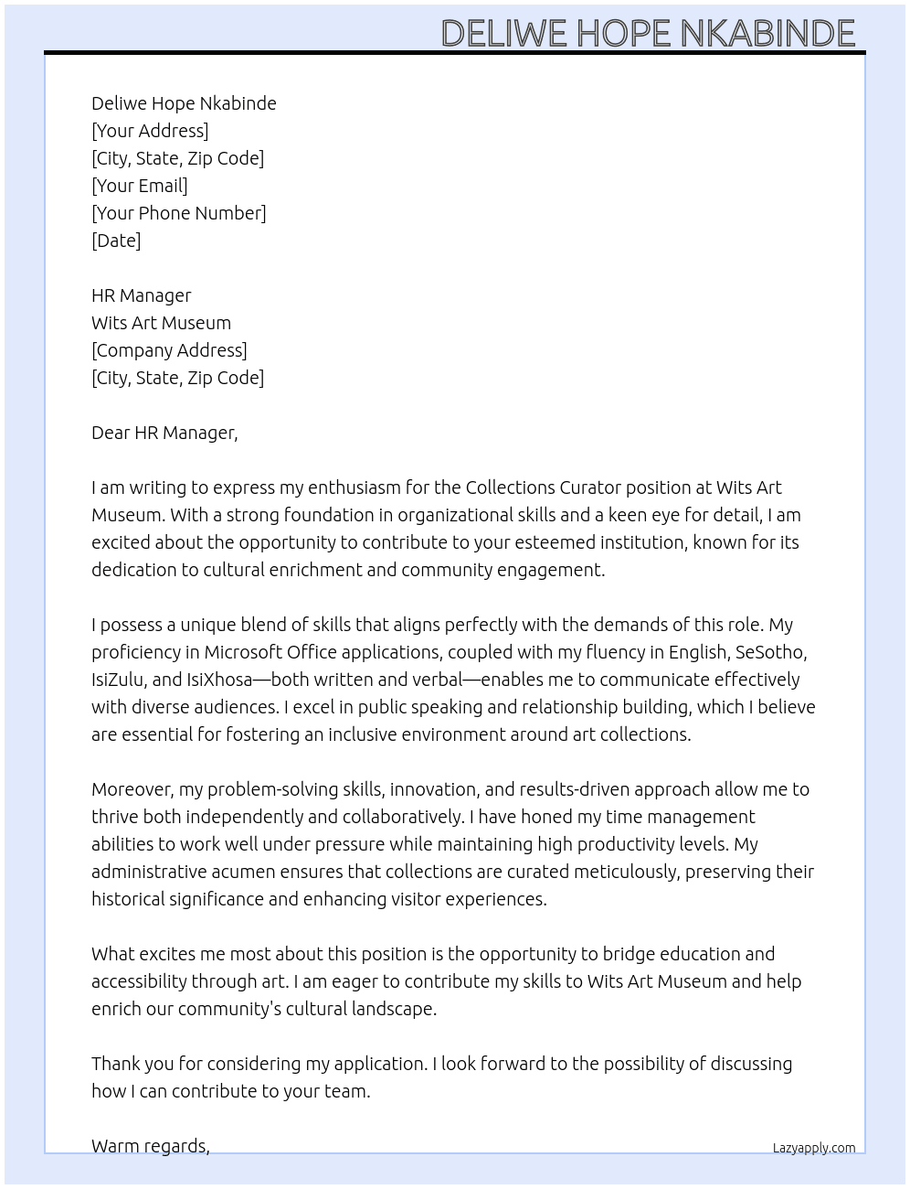 Collections curator  At Wits Art Museum  Cover Letter