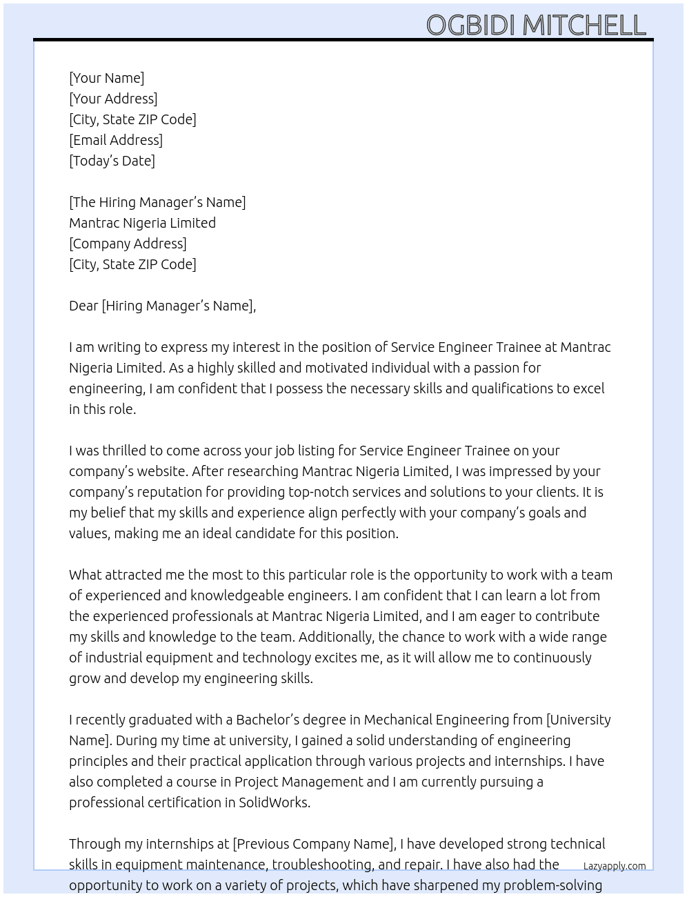 Service engineer trainee At Mantrac Nigeria limited  Cover Letter