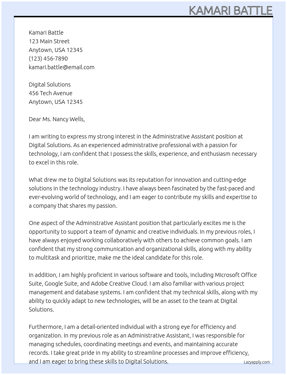 Administrative Assistant At Digital Solutions  Cover Letter
