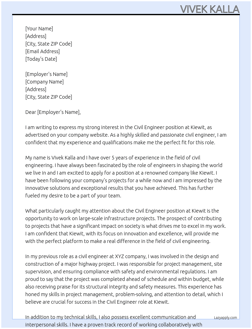 civil engineer At Kiewit Cover Letter