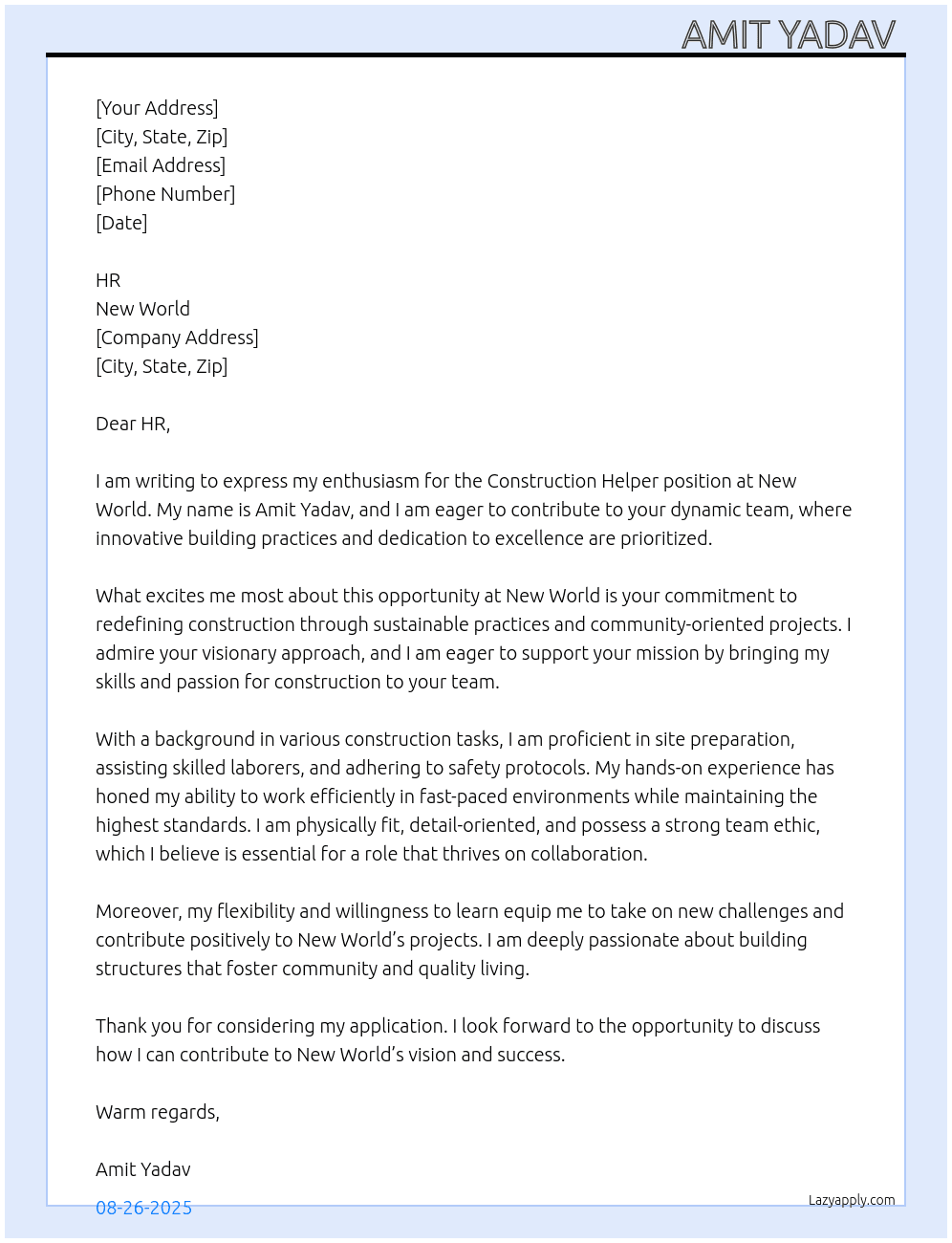 Cover letter for contruction helper - LazyApply
