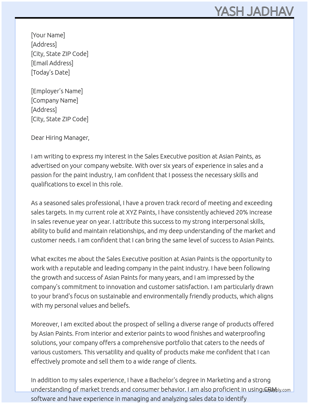 Sales Executive At Asian Paints Cover Letter