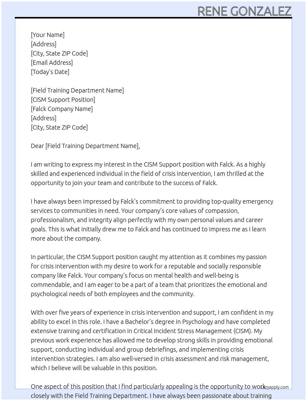 CISM Support At Falck Cover Letter