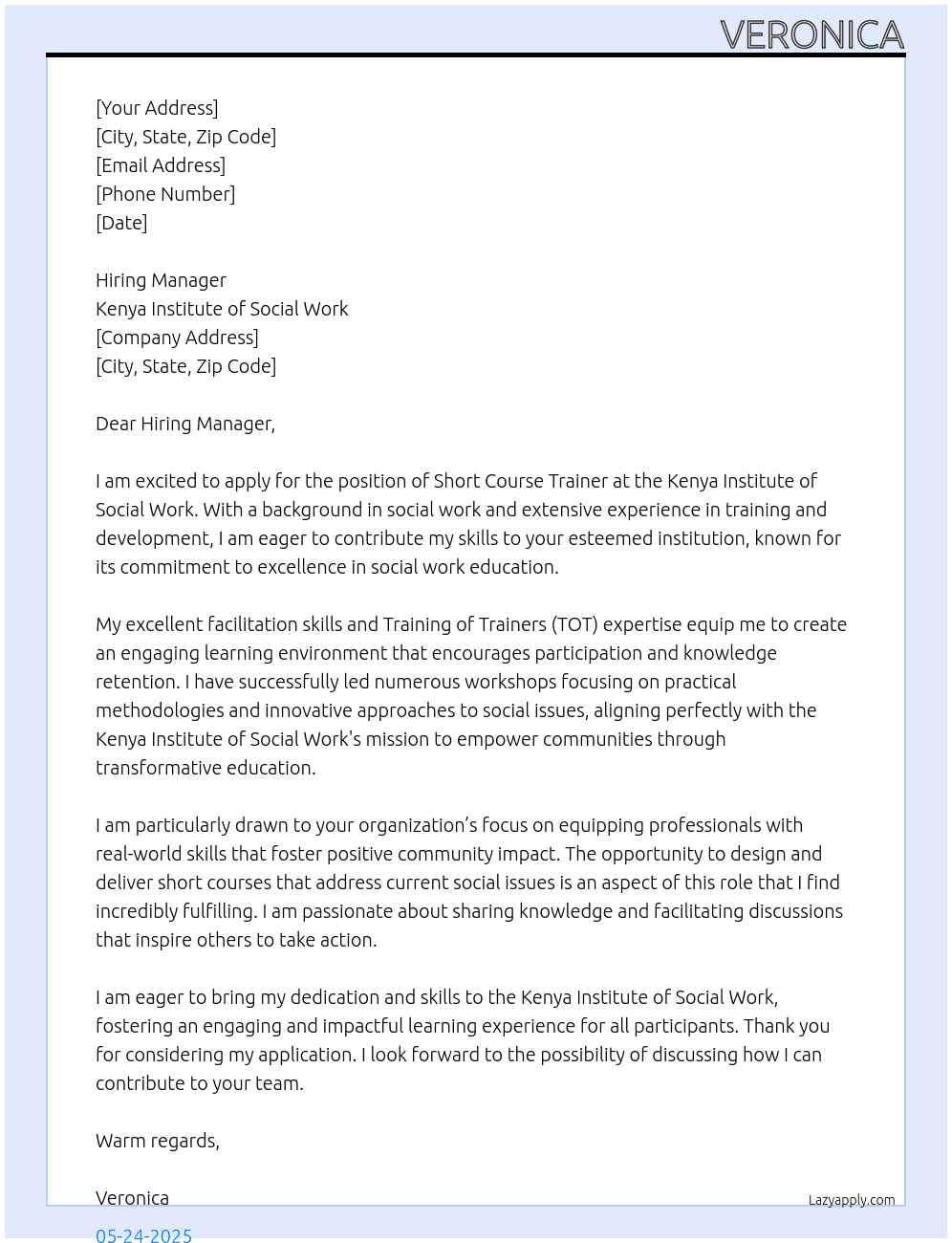Cover letter for short course trainer - LazyApply