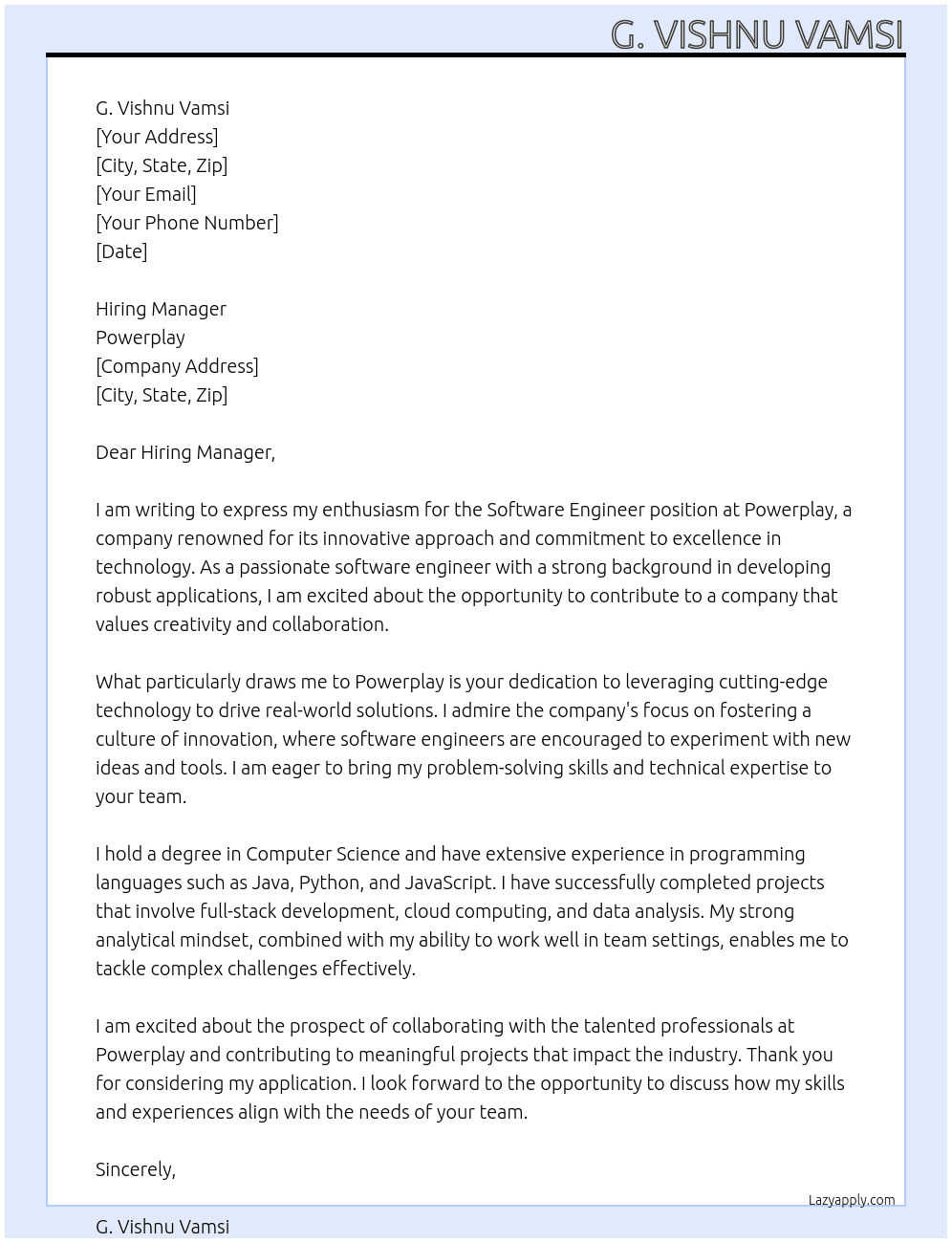 software engineer At powerplay Cover Letter