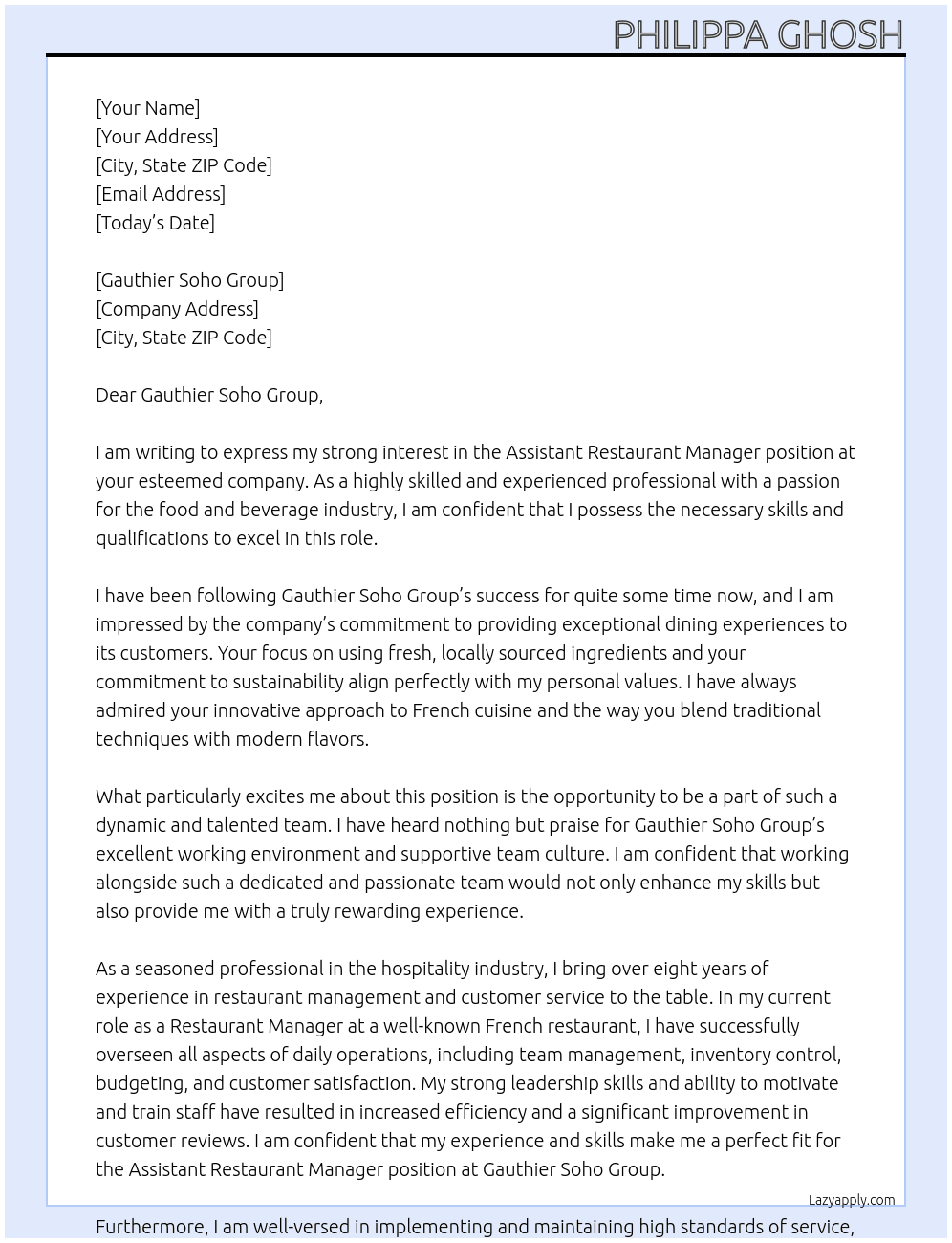 Assistant Restaurant Manager At Gauthier Soho Group Cover Letter