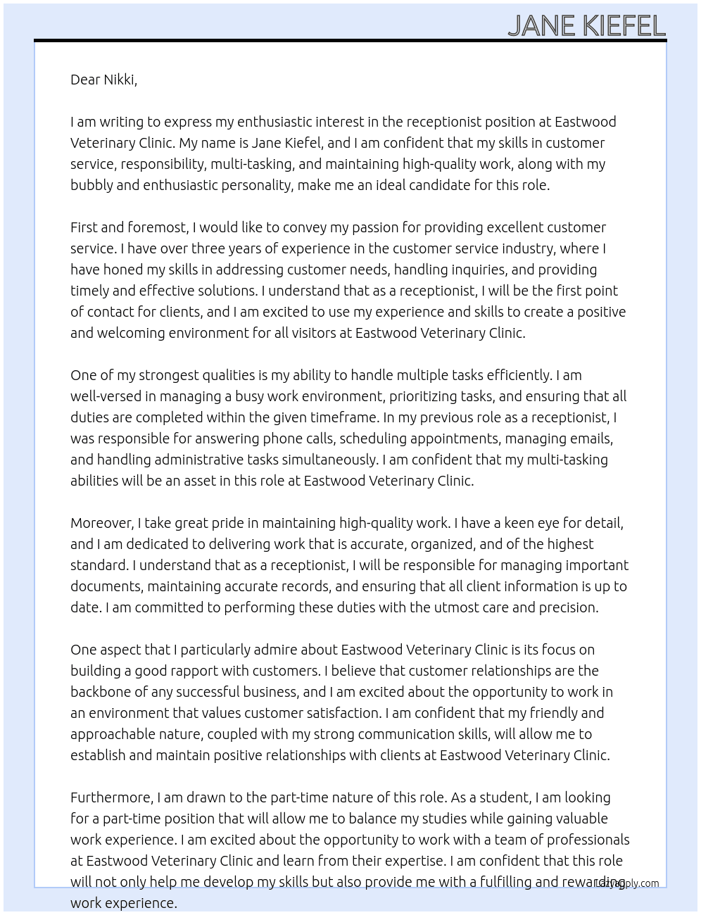 receptionist At Eastwood Veterinary Clinic Cover Letter
