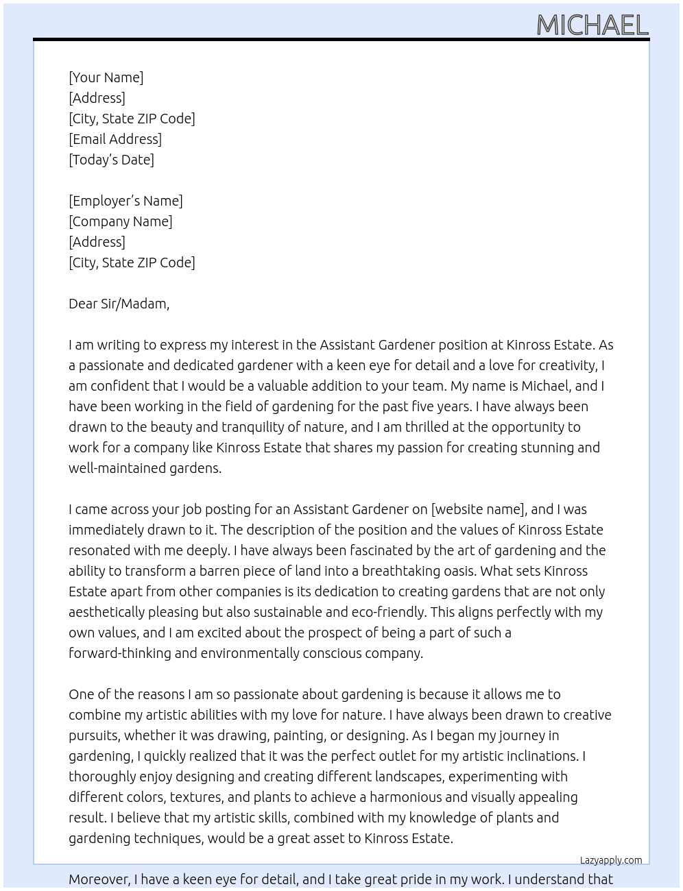 Assistant gardener At Kinross Estate Cover Letter