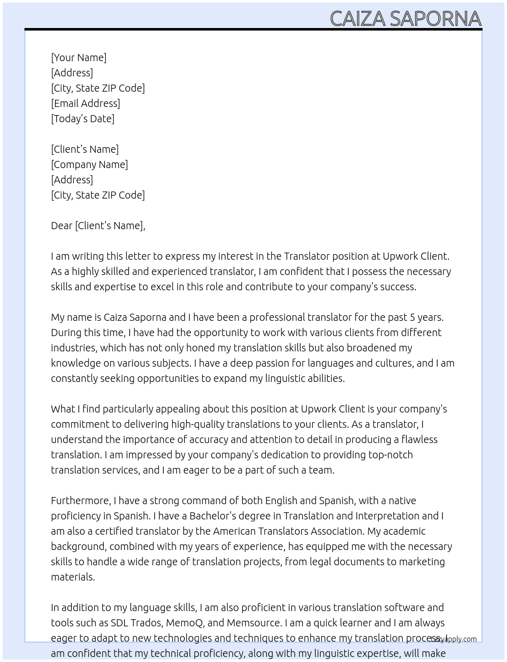 Translator  At upwork client Cover Letter