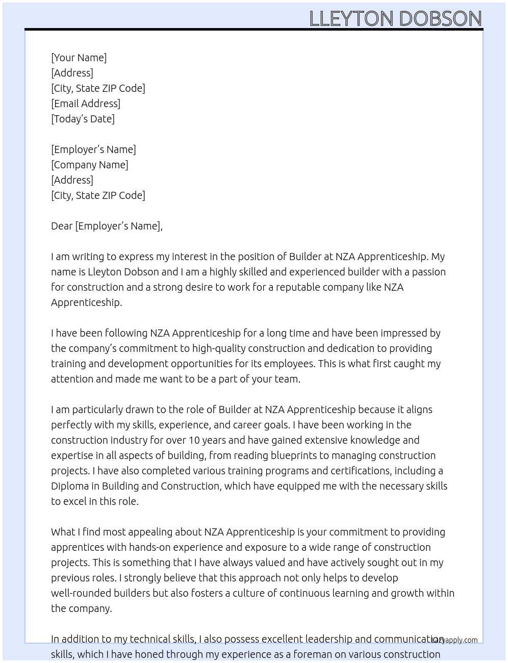 Cover letter for builder - LazyApply