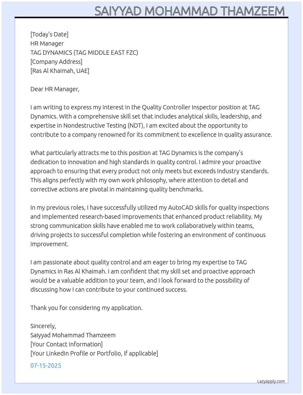 Cover letter for quality controller inspector - LazyApply