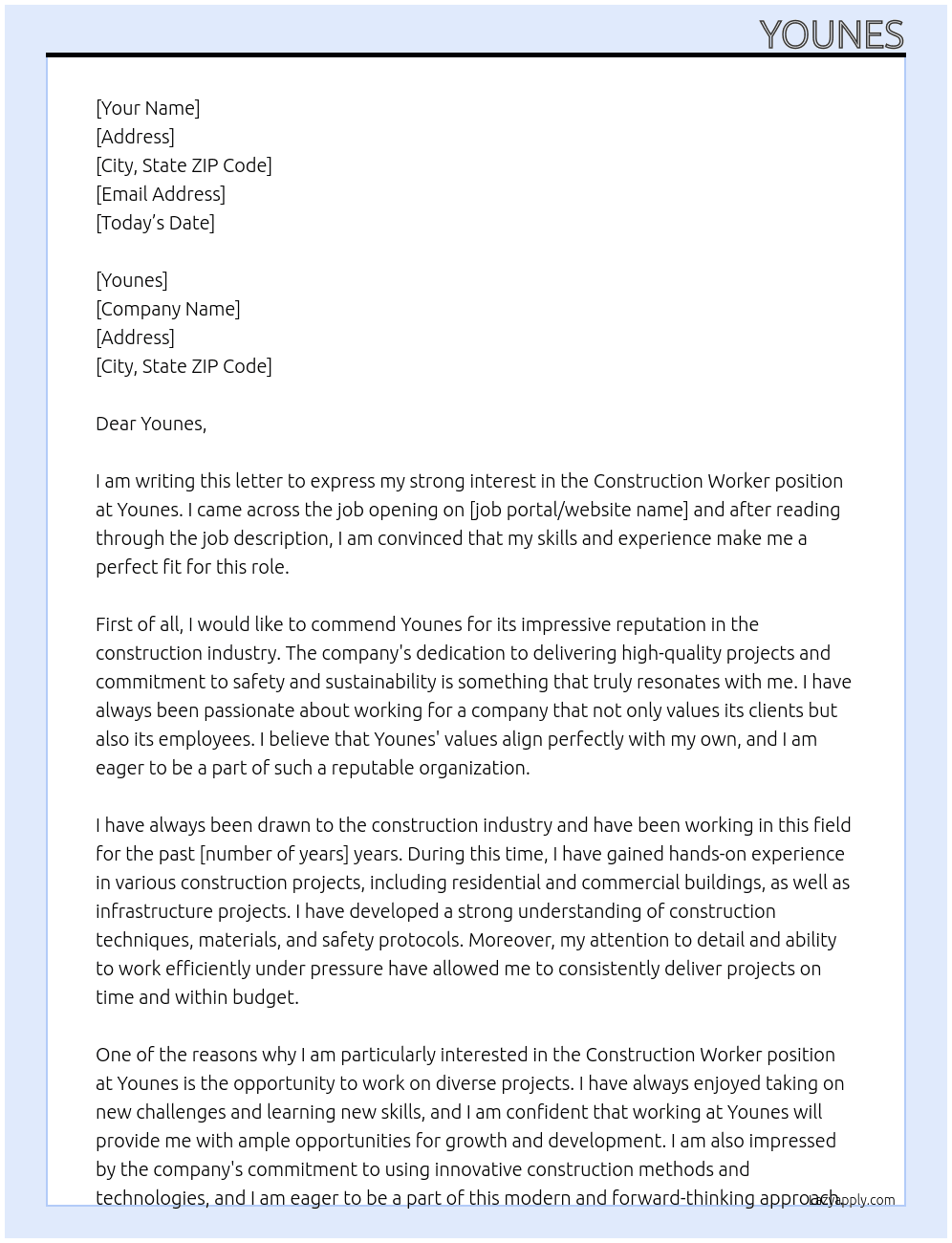Construction worker At younes Cover Letter