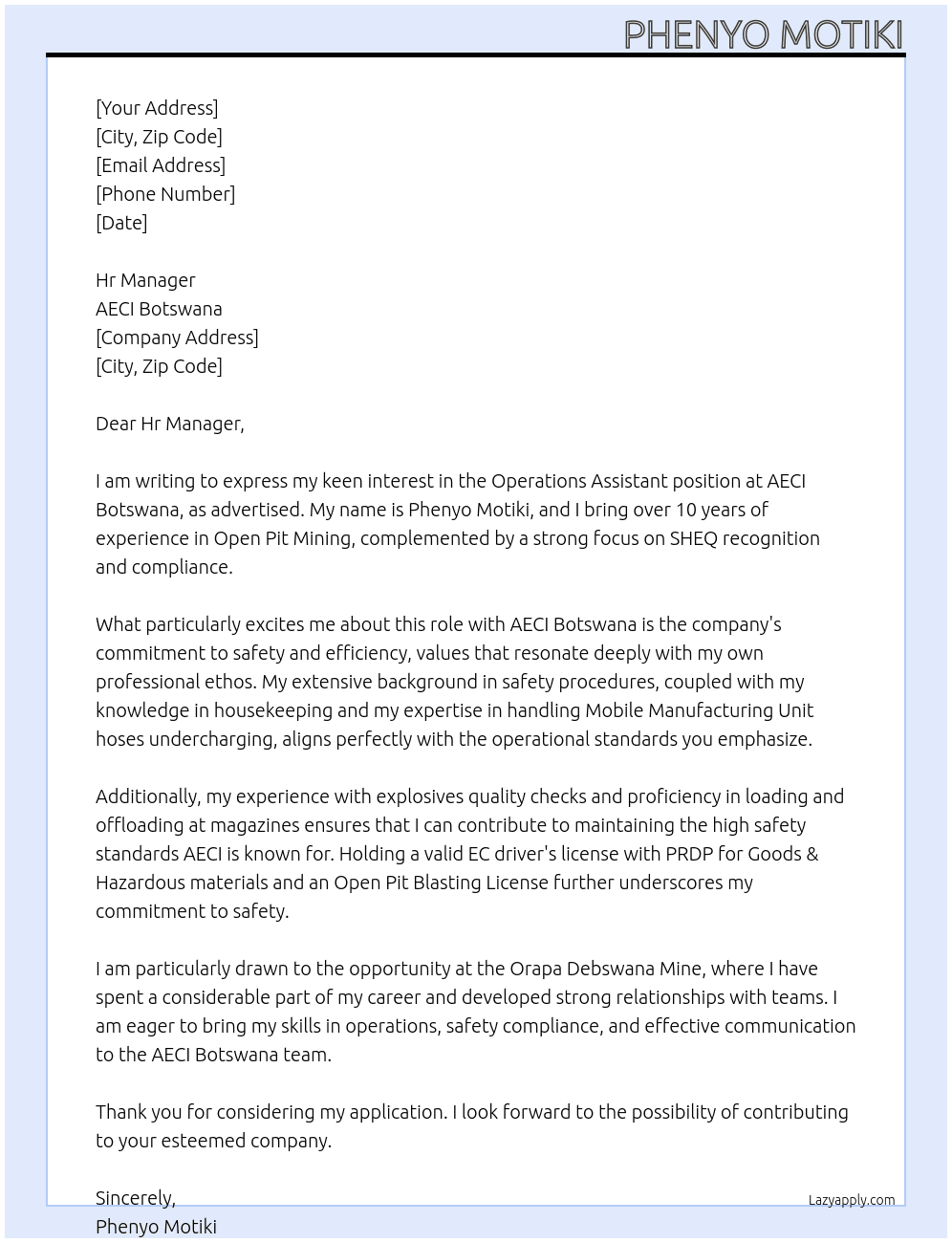Operations Assistant At AECI BOtswana Cover Letter