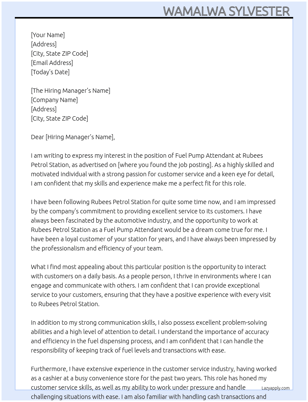 Fuel pump attendant  At Rubees Petrol station  Cover Letter