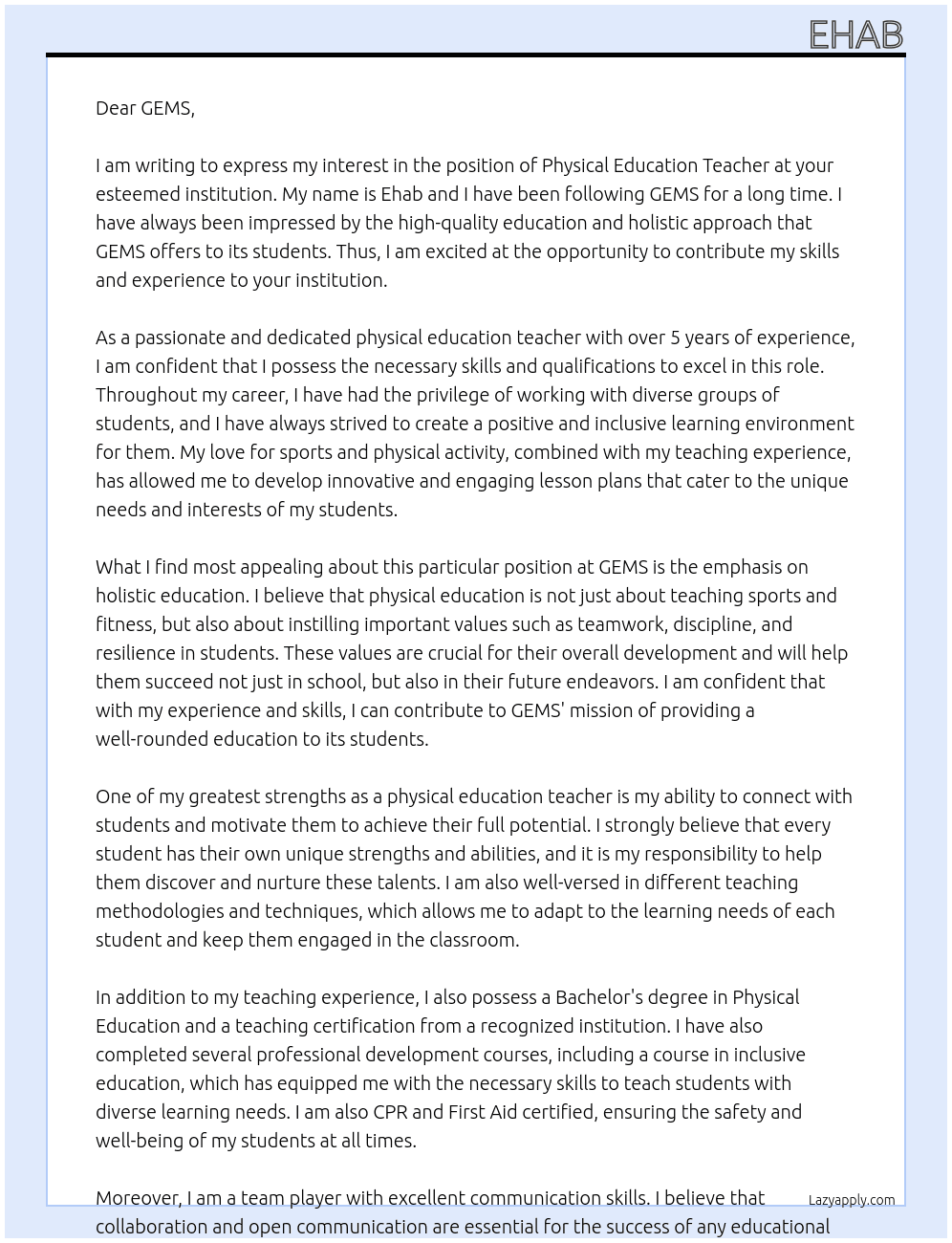Physical education teacher At GEMS Cover Letter