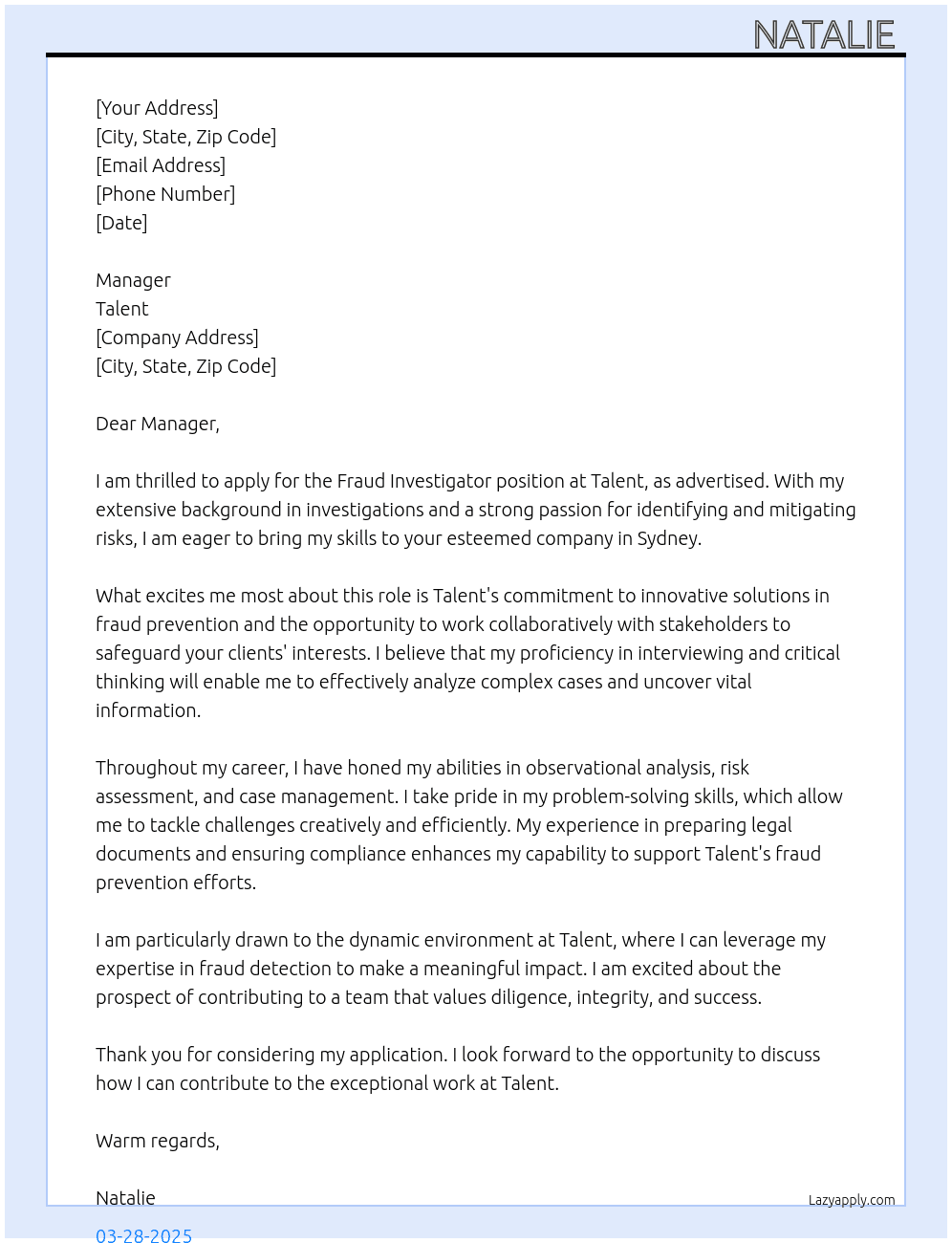 Fraud investigator  At Talent  Cover Letter
