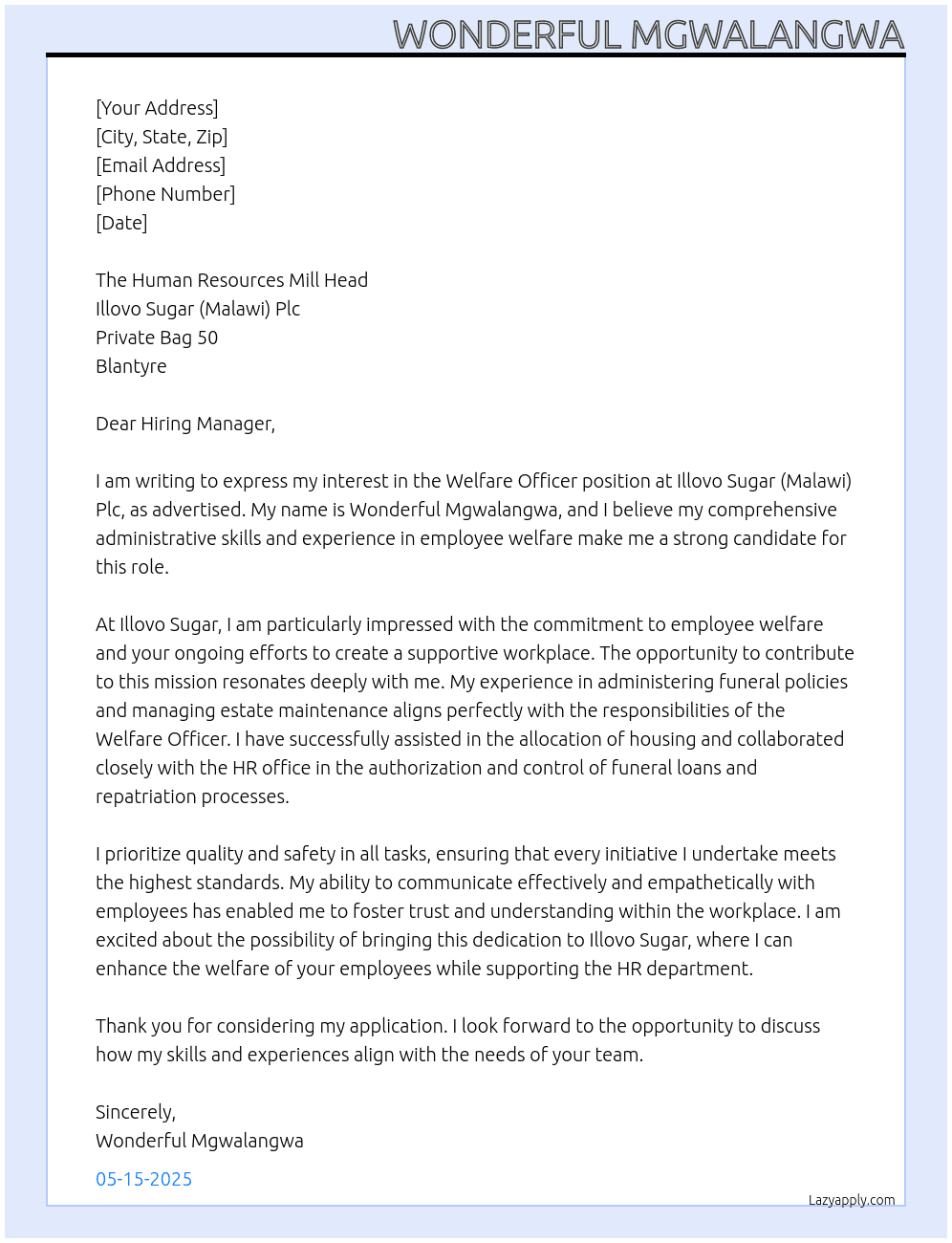 WELFARE OFFICER At ILLOVO SUGAR (MALAWI) Plc Cover Letter