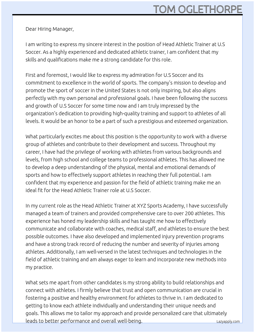 Head Athletic Trainer At U.S Soccer Cover Letter