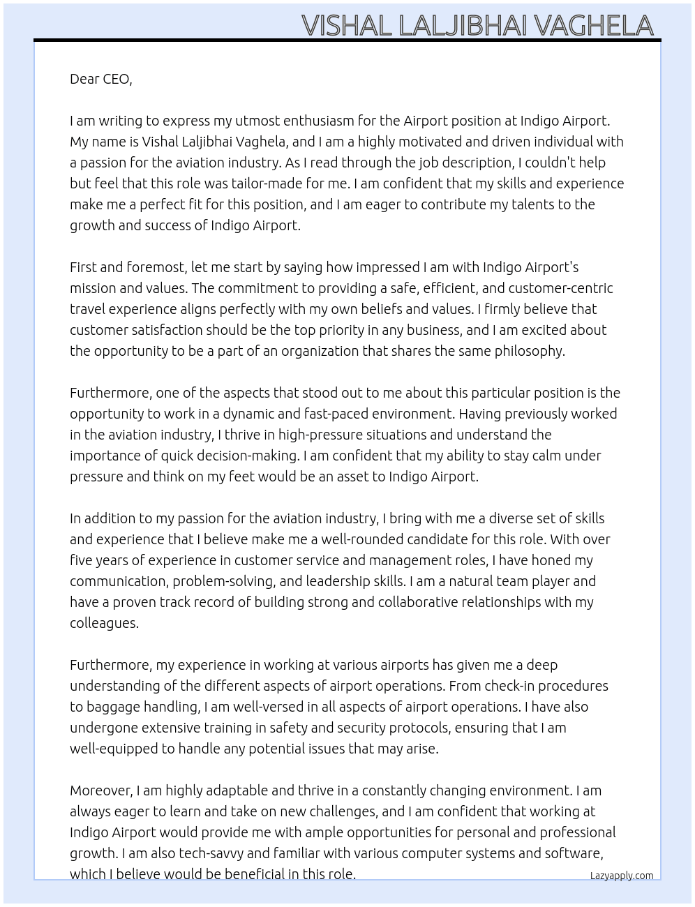 Airport  At Indigo airport  Cover Letter