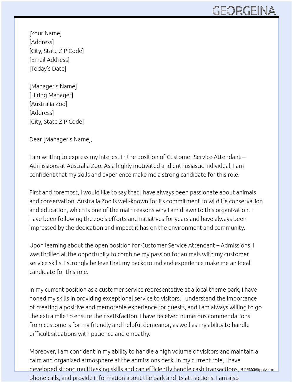 Customer service attendant- admissions  At Australia Zoo Cover Letter