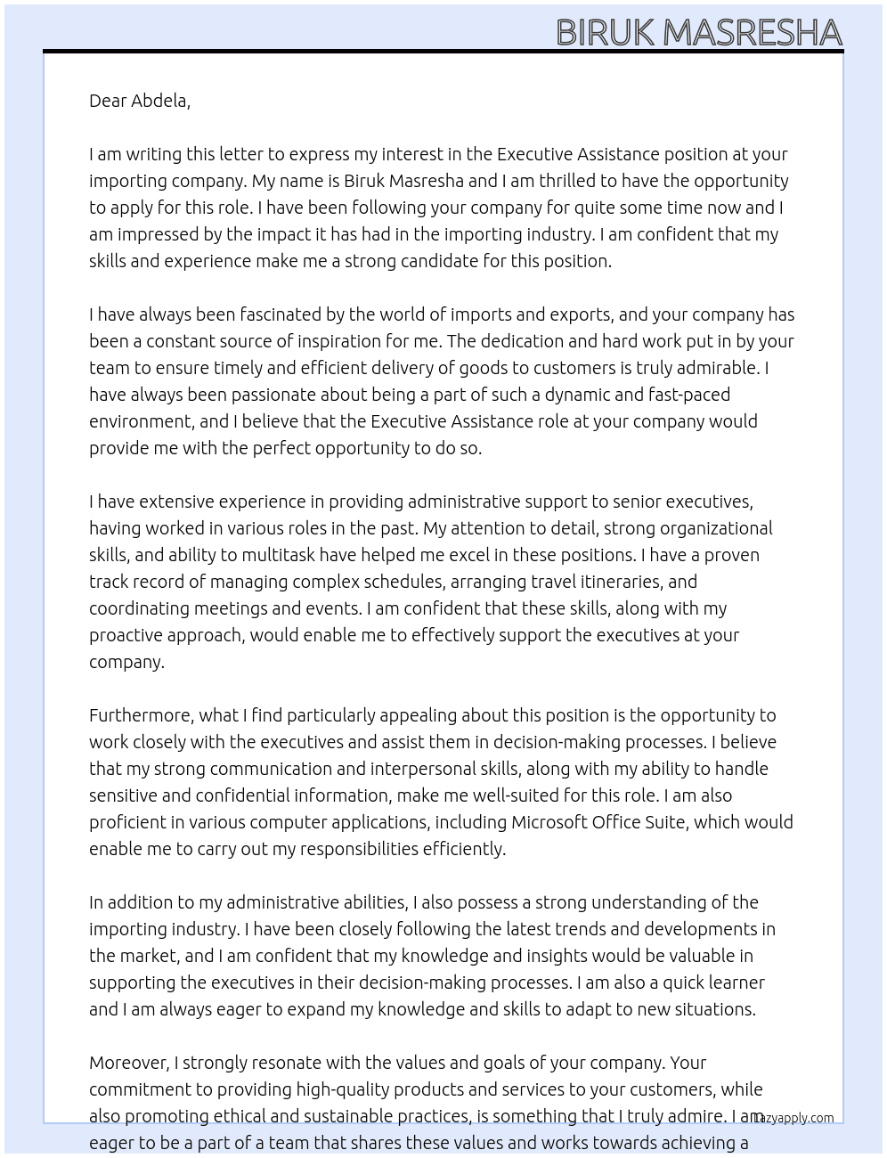 Cover letter for exacautive assistance - LazyApply