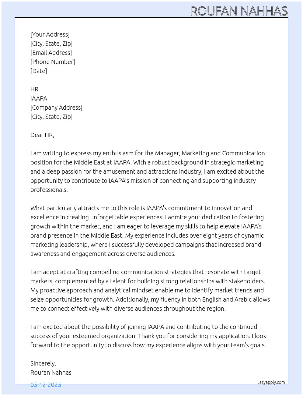  Manager, Marketing and Communication Middle East At IAAPA Cover Letter