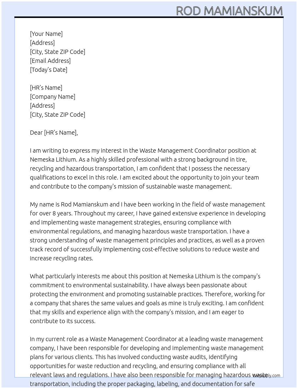 Waste Management Coordinator At Nemeska Lithium Cover Letter