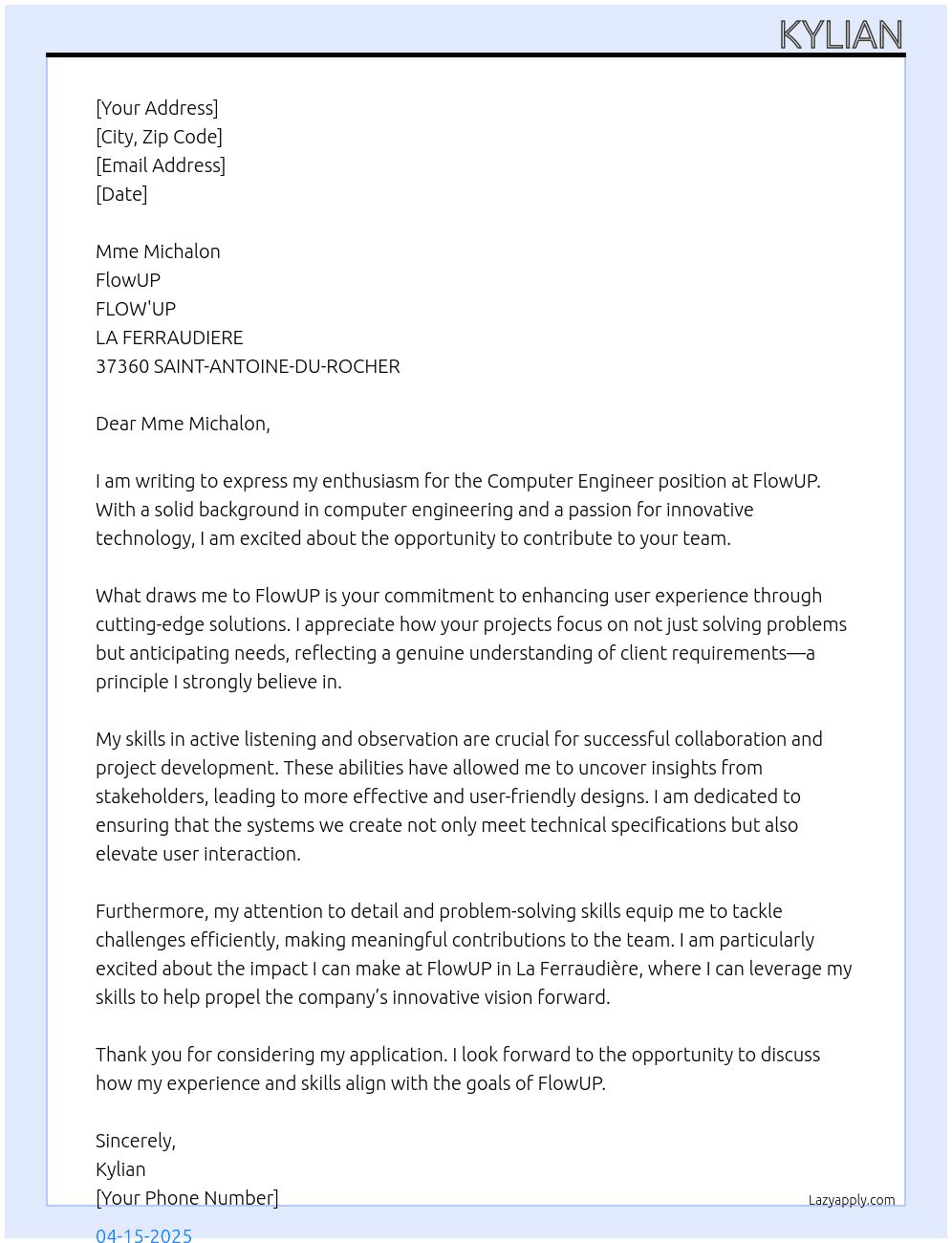 computer engineer At FlowUP Cover Letter