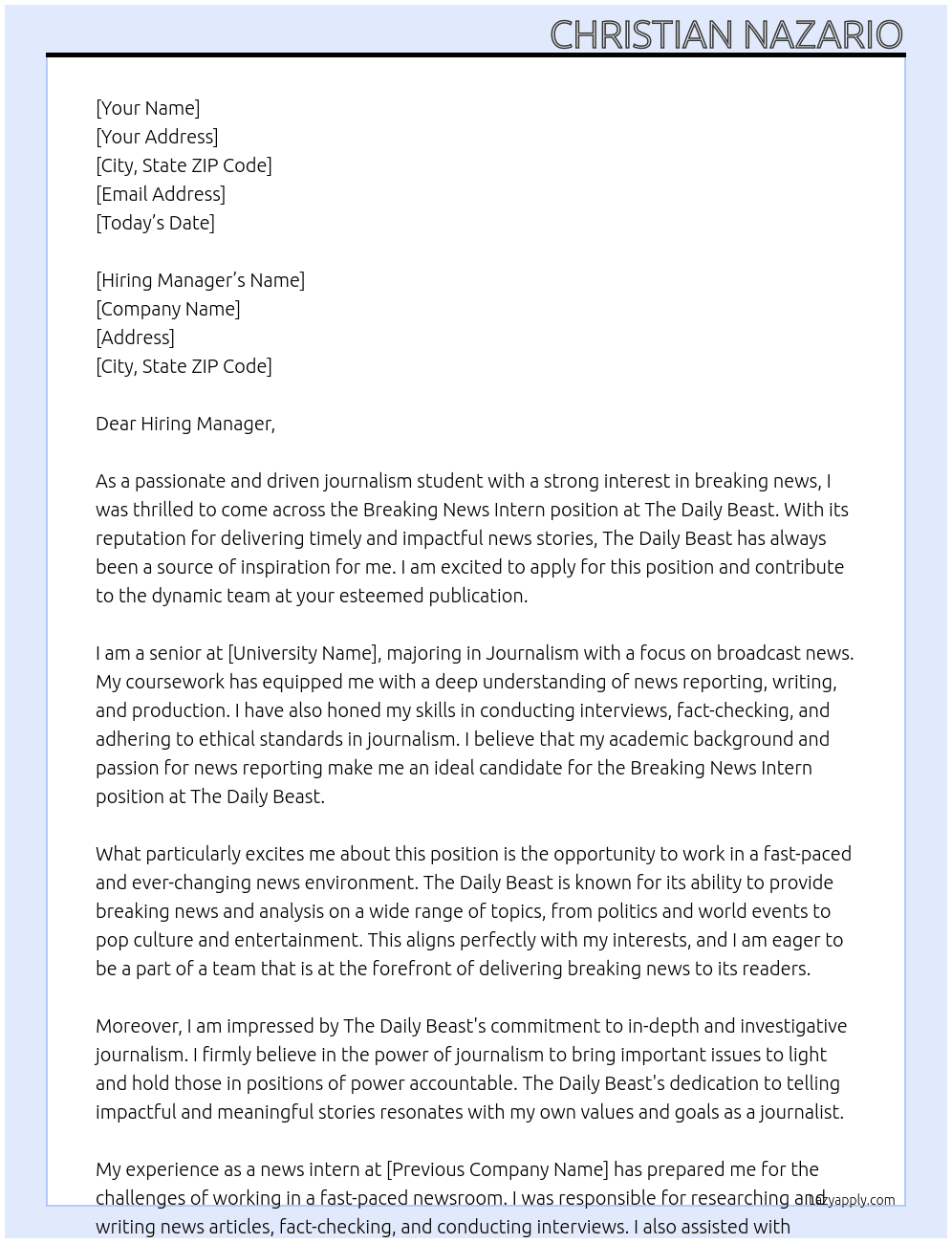 Cover letter for breaking news intern - LazyApply
