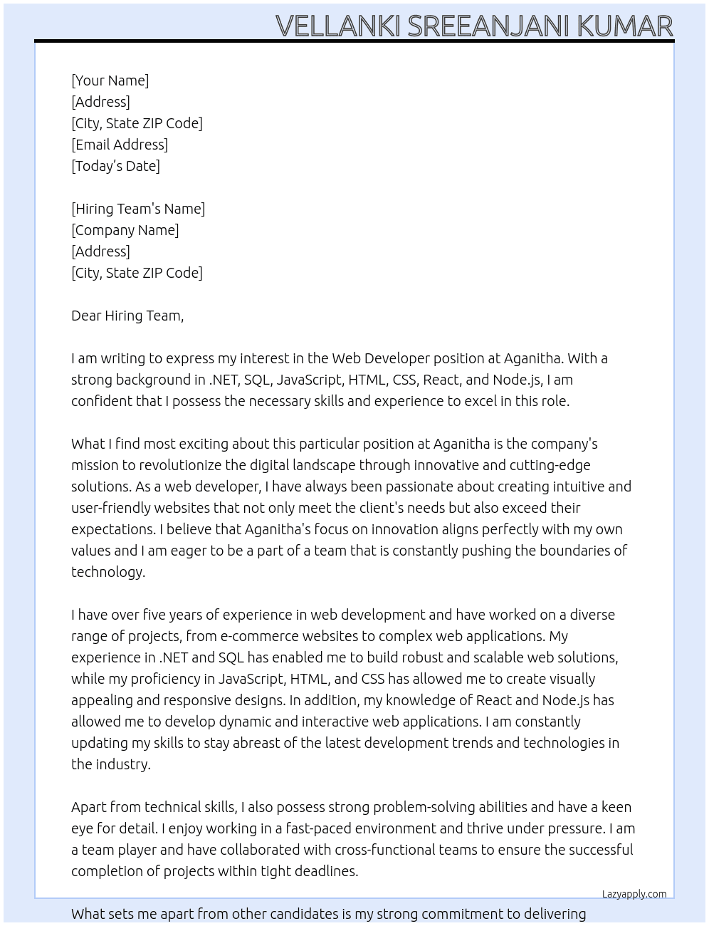 Web Developer At Aganitha Cover Letter