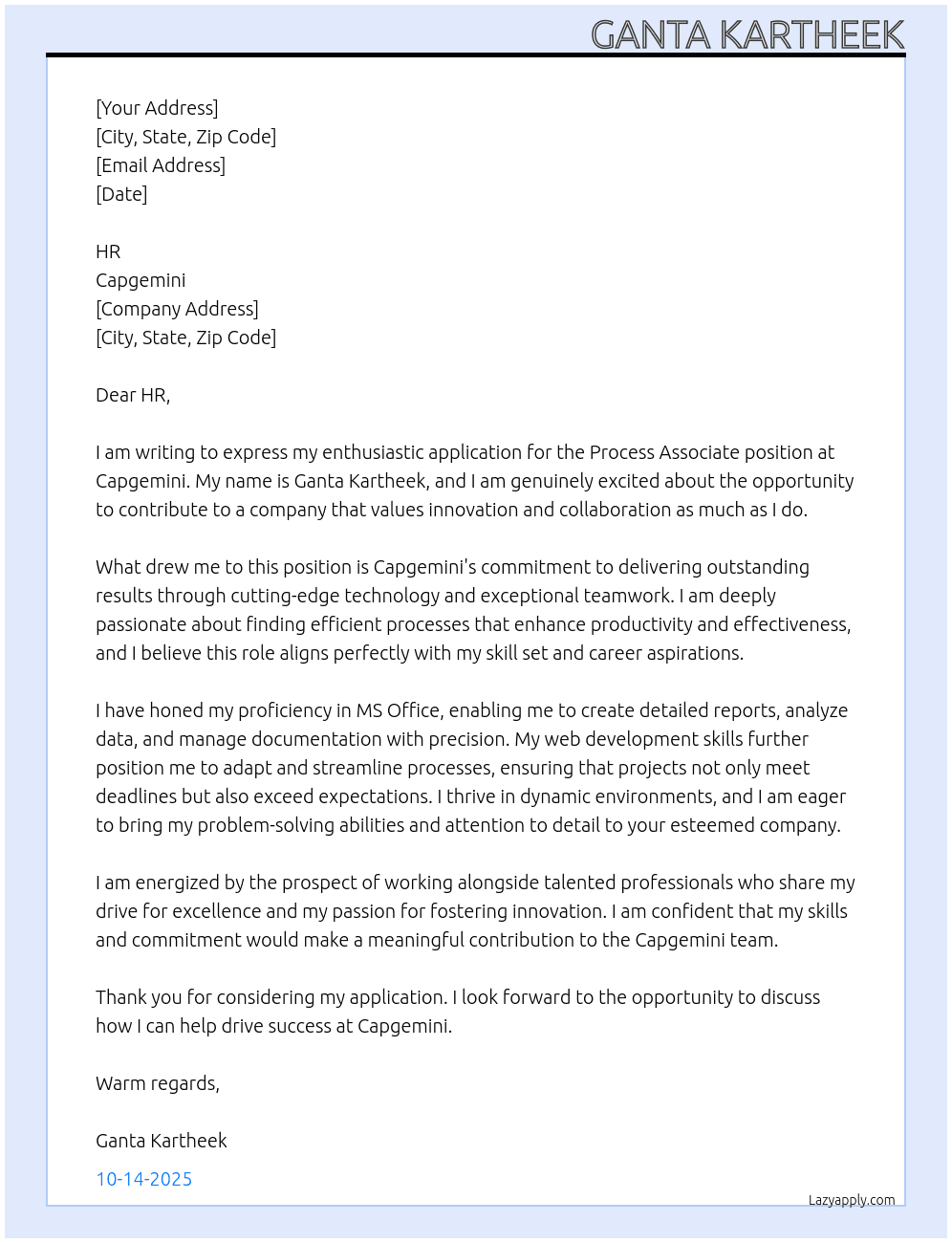 Process Associate At Capgemini Cover Letter