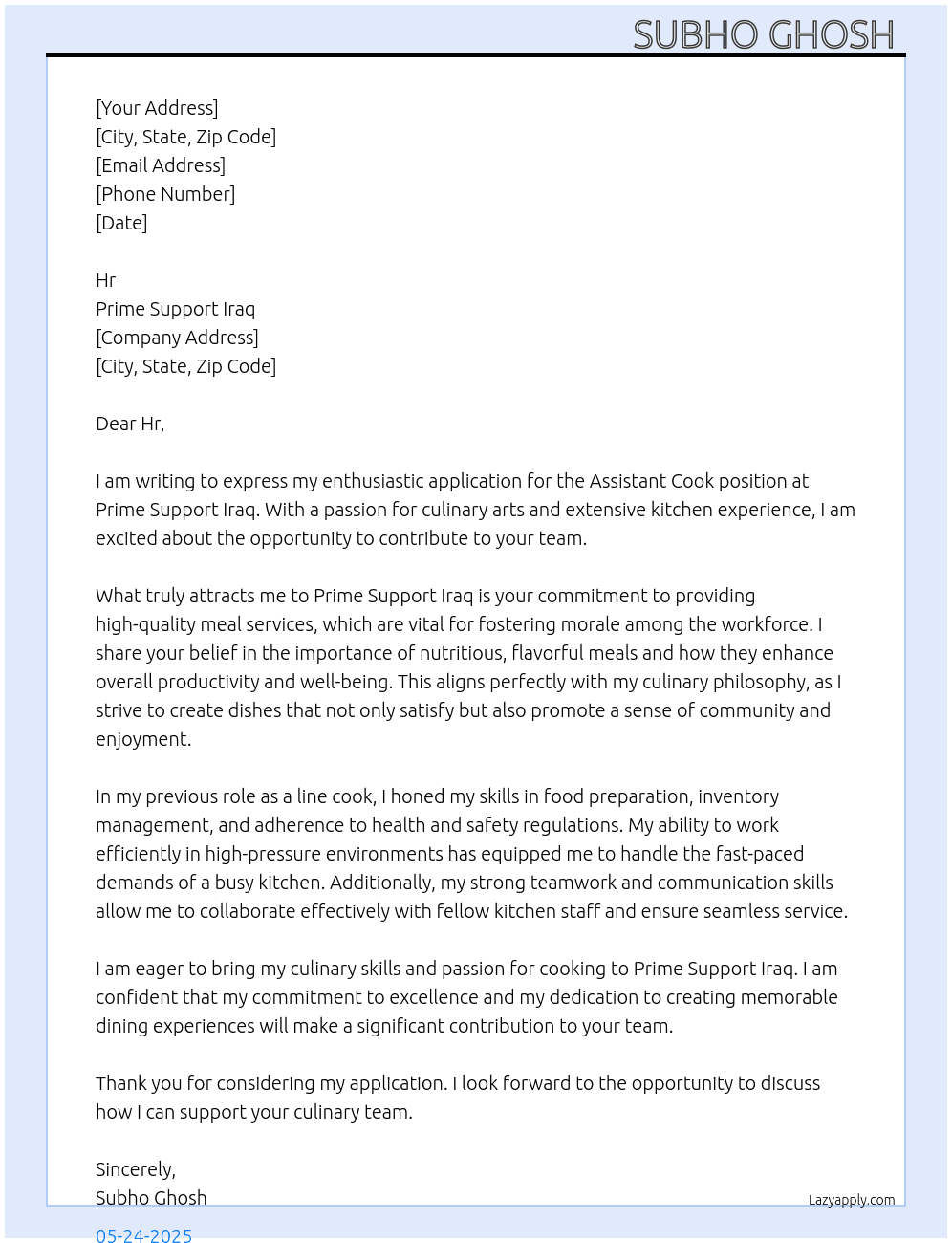 Assistant Cook  At Prime support Iraq Cover Letter