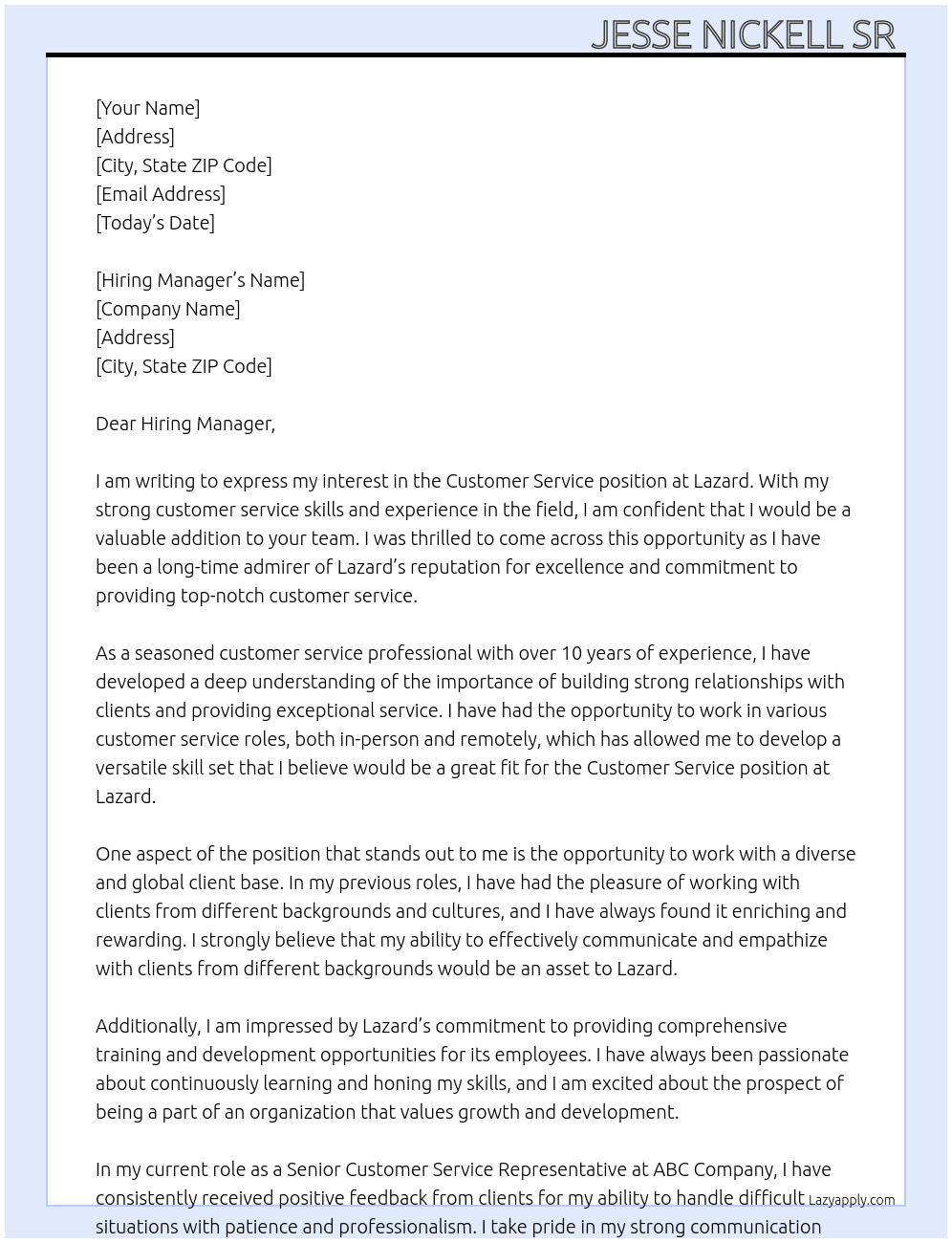 Customer Service  At Lazard Cover Letter
