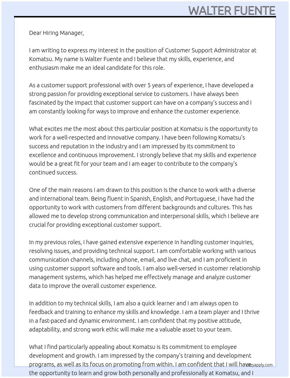 Cover letter for customer support administrator - LazyApply
