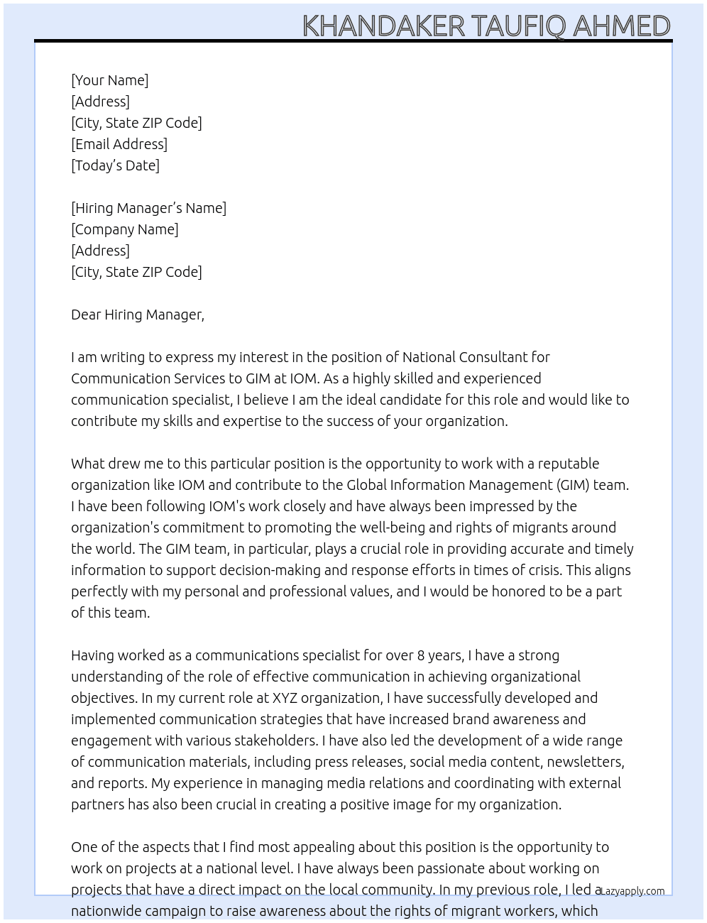 Cover letter for national consultant: communication services to gim - LazyApply